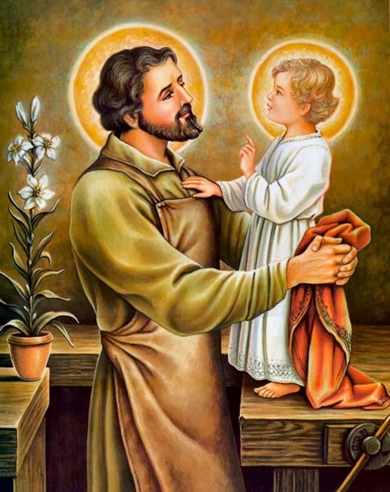 Religious artwork depicting Saint Joseph holding the Christ Child, with halos, lilies, and a red cloth in a classical style