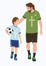 Adult and child wearing religious cross shirts walking together, child holding a soccer ball